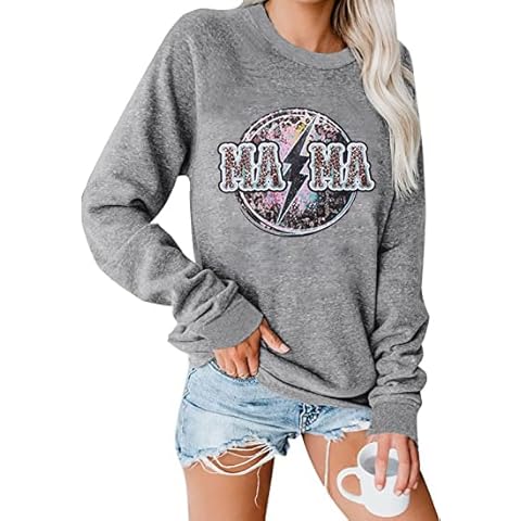 Mama Shirt Women Tees Mama Lightning Bolt Short Sleeve Tee Mama Mini Sublimation Leopard Cheetah Print Tops, Grey, Medium Cover