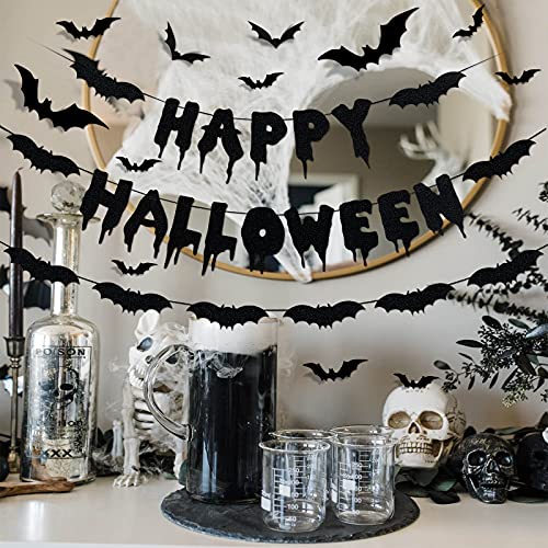 Happy Halloween Banner Bat Garland Black Glitter And 12Pcs Bat Wall Decals- Flying Bats Halloween Party Decorations,Halloween Wall Decorations,Bat Party Decorations,Happy Halloween Decorations Mantle Home Decor #TOP1