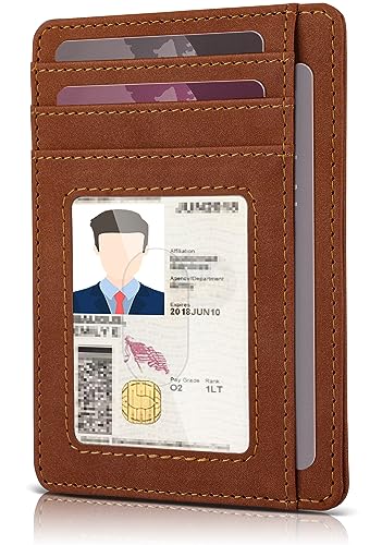 Image of Teskyer Men Card Holder Wallet, Slim Credit Card Wallets, Minimalist, RFID Blocking, 1 ID Window, Holds up to 8 Cards, Suede Copper Brown