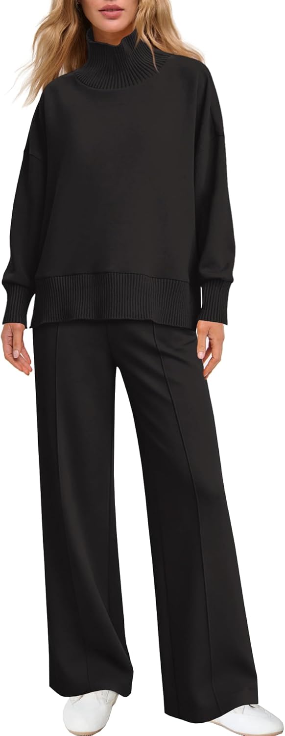 SENSERISE Womens 2 Piece Outfits Fall Matching Lounge Sets Mockneck Sweatshirt Wide Leg Pants Sweat Sets Tracksuit