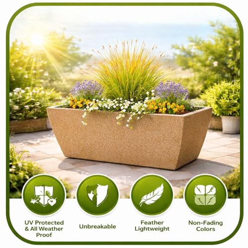 Image of Go Hooked Recta Curve 36 Inch Rectangle Planter Pot | Big Size Polymer Gamla for Plants | Heavy-Duty UV Resistant Outdoor & Indoor Flower Pot for Balcony, Terrace & Garden (Brown)