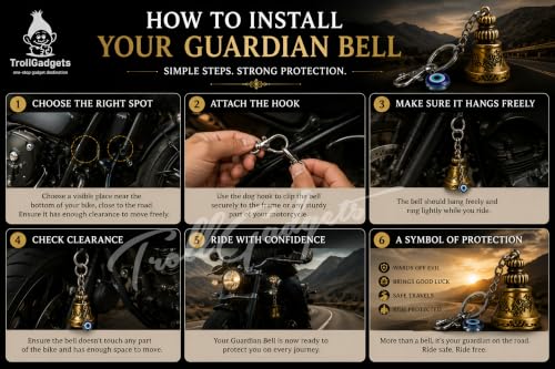 Image of TrollGadgets Premium Guardian Bell Keychain for Bike & Car | Tibetan Texture Bell Keychain with Evil Eye & Silver Hook | Good Luck Charm with Laser-Engraved Box And Potley