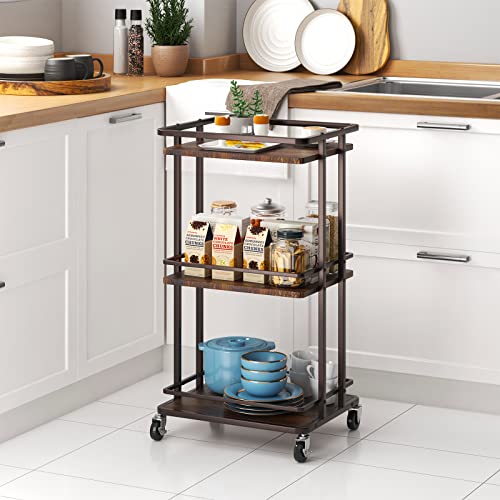 Okzest 3 Tier Bar Cart For Home, Rolling Mini Liquor Bar For Wine Beverage Dinner Party, Utility Kitchen Storage Island Serving Cart On Wheels, Coffee Bar Cabinet For Kitchen Dining Living Room, Brown #TOP4