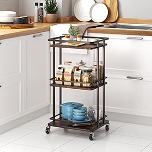 3 Tier Rolling Serving Bar Cart Wood and Metal Kitchen Island Storage Cart with Wheels Multifunction Utility Cart Storage Rack for Home Kitchen Bar Dinning Room Living Room Brown