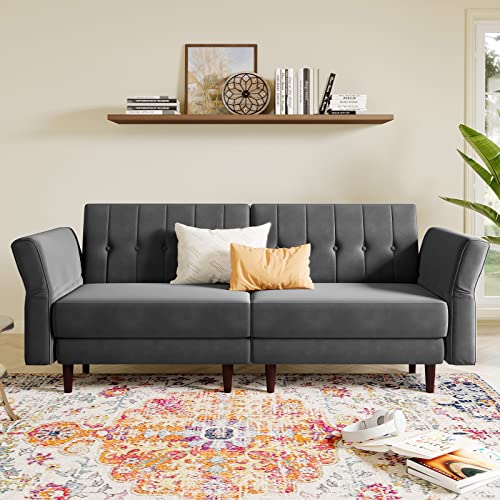 Belffin Velvet Convertible Futon Sofa Bed Memory Foam Futon Couch Sleeper Sofa Grey
