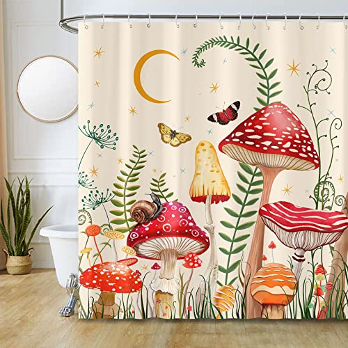 Zussun Mushroom Shower Curtain Set Beige And Red Floral Butterfly Waterproof Fabric Bathroom Shower Curtains Aesthetic Moon Flower Plant Bath Curtain Decor With Hooks (Beige, 72'' × 72'') #TOP2