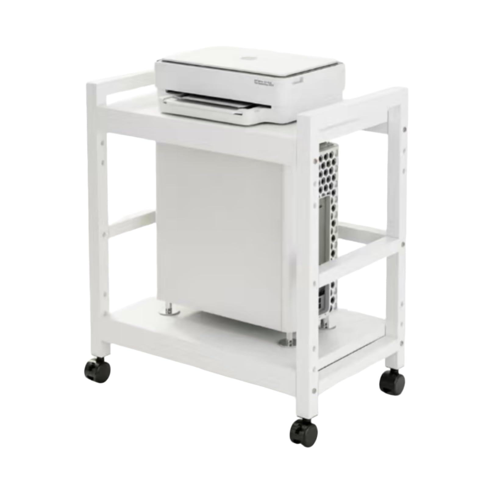 Soporte para CPU con ruedas, marco de metal y estantes de madera, carrito de torre para computadora debajo del escritorio, carga máxima de 110 libras para juegos de oficina en casa