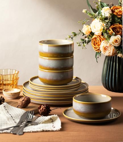 Image of TheTerra Ceramic Dinnerware Sets for 8, 24 Pieces Handmade Reactive Glaze Plates and Bowls Set, Scratch Resistant Dish Set, Oven & Microwave & Dishwasher Safe, Autumn Haze