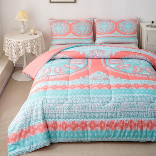 Feelyou Boho Mandala Comforter Set Queen Size Bohemian Medallion Bedding Set For Kids Teens Women Girls Hippie Paisley Comforter Quilt Breathable Coral Aqua Exotic Floral Duvet Set Navy Blue Decor Quilt Bed cover