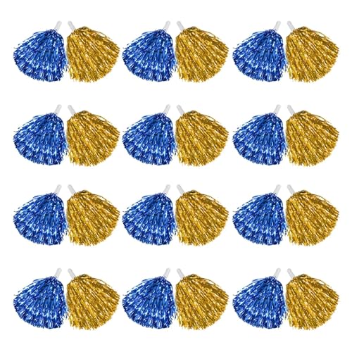 VOICE CHOO 12-200 pompones de animadora con asa de 20 g, pompones de animadora para decoración de fiestas, clubes, deportes, pelotas de animación para adultos y niños (azul A y dorado, 12 unidades)