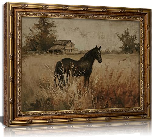 Vintage Gold Framed Horse Canvas Wall Art Retro Rustic Farmhouse Animal Painting Picture Wall Decor French Country Pastoral Landscape Equestrian Poster Print Artwork for Home Living Bedroom