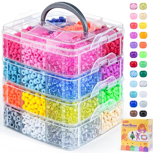 4800PCS Pony Beads Bulk 24 Colors Kandi Beads 6x9mm Large Hole for Friendship Bracelets Jewelry Making Hair Braiding DIY Art Craft Gifts - Shockproof Protective Gift Packaging