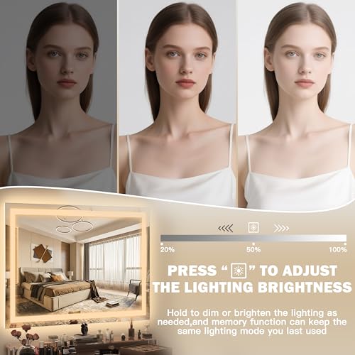 Image of ROLOVE 40x28 Inch Lighted Vanity Mirror, 3-Color Lighting & Dimmable Modes, Large LED Makeup Mirror for Bathroom /Dressing Room (Wall /Tabletop Mount, White)