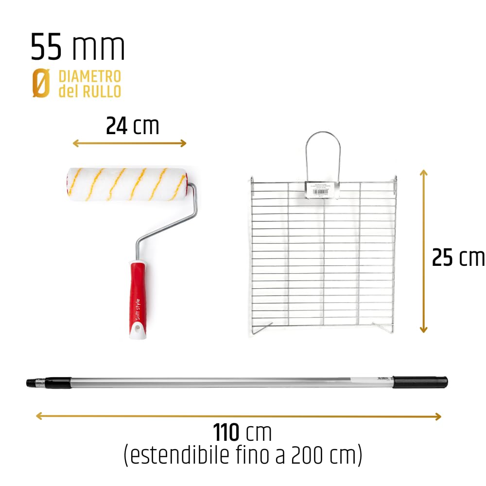 PENNELLIFICIO 2000 | Set Pittura Professionale Composto da Rullo, Asta in Alluminio e Retina in Metallo Scola-Rullo, per Pitture da Interni e Idropitture, Asta da 110 cm a 200 cm
