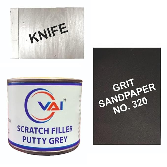 Image of VAI Touch Up Spray Paint Compatible for Maruti Suzuki Pearl Arctic White Base Coat & Top Coat - 450 ml with Scratch Filler Putty Grey 200 Gms for Car, Bike with 1 Putty Knife and 320 Grit