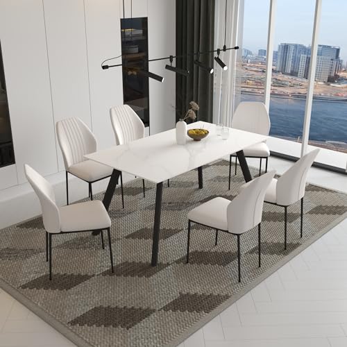 Juego de mesa de comedor para 6, mesa de comedor blanca moderna de piedra sinterizada rectangular y 6 sillas de comedor (1 mesa 6 sillas beige)