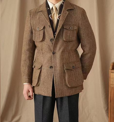 Men's Herringbone Tweed Blazer Vintage Three Button Sport Coats Wool Blend Classic Coat with Four Pockets3