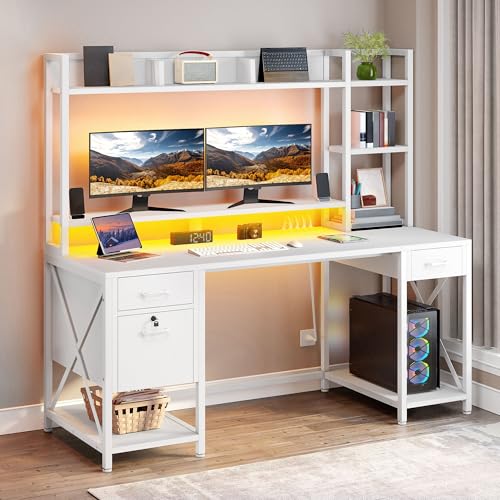 DWVO Computer Desk with Drawers & Hutch, 59.1' Office Desk with Power Outlets & LED Lights, Home Office Desk with Storage Shelves, White