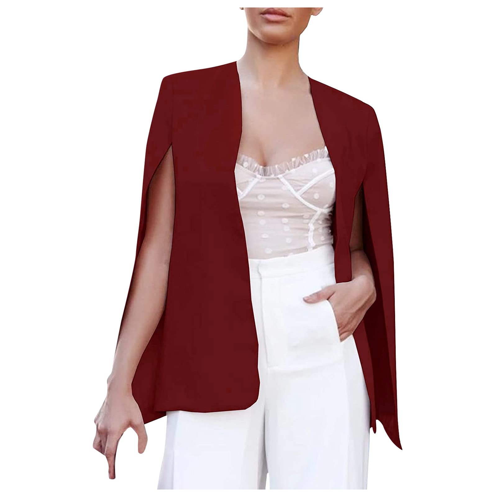 TDEOK Blazer dames schouderjas met split mouwen cape poncho elegant pak jas effen bolerojas lente zomer overgangsjas voorzijde open cardigan zomerjas business cocktail blazer, rood, M