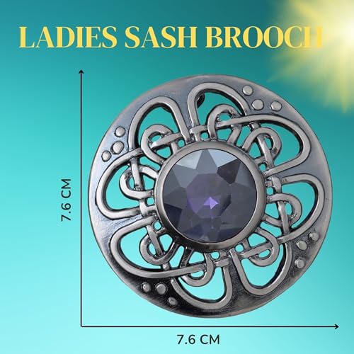 Image of Elegant Culloden Plaid Brooch - Scottish Kilt Fly Plaid Brooch Intricate Celtic Knot in Pewter with Gemstone 3-Inch Diameter - Ideal for Scottish Kilts & Formal Wear