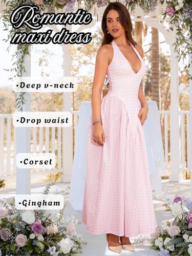 Image of ChiaoLezhee Deep V Neck Dress, Halter Maxi Dresses, Vacation Date Night, Sexy for Women Corset Flowy Wedding Guest Drop Waist