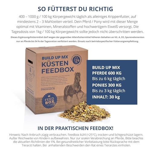 STRÖH Küsten Build up MX (30 kg Feedbox) • Hochwertiges Aufbaumüsli • Ideal für Sport- & Turnierpferde • Pferde Müsli mit Vitamin E, A, B12, D3, Biotin, etc. • Pferdefutter Müsli