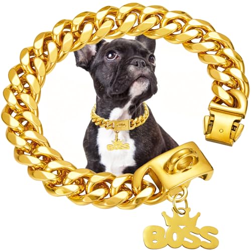 15mm Wide Gold Dog Chain Collar Pendant Tag,18K Gold Plated