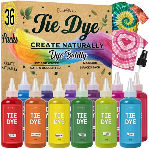 Jim&Gloria Tie Dye Kit for Kids & Adults 36 Tiedye Powder 12 Larger Bottles Fabric Dyes for Clothing Permanent with Soda Ash for Tie Dye Kits for Large Groups...