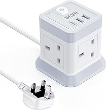 3M Extension Lead Cube With USB, BEVA 4 Gang Extension Socket With 3 USB Ports, Power Strip With Switch Multi Plug Extension with 3 Metre Long Cable For Home Office Travel