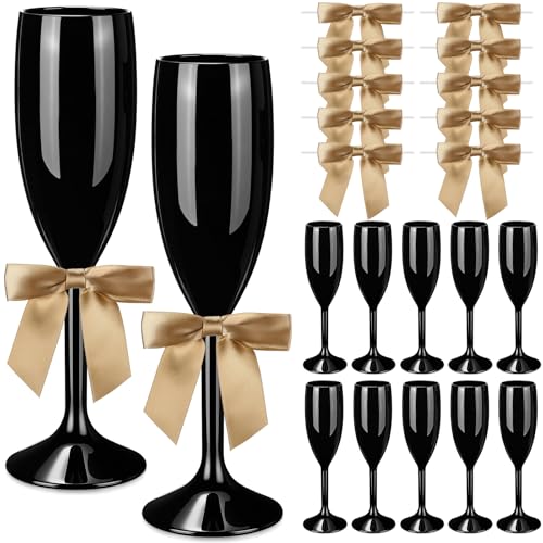 Zopeal Plastic Reusable Champagne Flute Glasses 6 oz and 50 Pcs Bow Set Acrylic Wedding Toasting Goblet 3.5 Bow Unbreakable Wine Cup for Bachelorette Bridal Shower Party(Black and Gold)