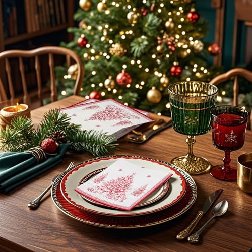 WRAPAHOLIC 50Pcs Christmas Paper Napkins - Toile Watercolor Xmas Tree 3-Ply Disposable Luncheon Napkin for Christmas Party Supplies Tableware, Xmas Holiday - 6. 5 x 6.5 In – Image 6