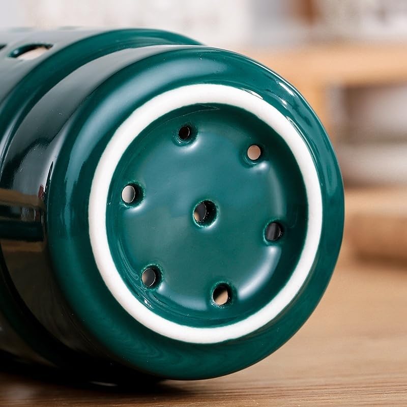 食器キャディキッチンシルバーウェアキャディカウンタートップ用2ピースセラミック調理器具ホルダー、竹ベース、食器キャディカトラリー排水