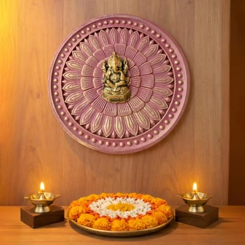 Image of Art Street Ganesha Wall Plaque with Floral Design, MDF Round Plaque, Pink & Gold Decor, Laser-Cut Lord Ganesha Idol for Pooja Room, Living Room, or Office, Religious Wall Hanging, 30x30 cm