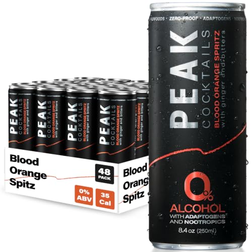 Image of Peak Cocktails Non Alcoholic Drinks, Adaptogen, Blood Orange Spritz 24 Pack | Calming, ashwagandha, tart cherry, L-theanine nootropic blend; recovery, sleep & mood, non-alcoholic, zero proof