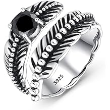 AVECON Sterling Silver Feather Ring with Black Onyx & Turquoise - Adjustable Stacking Vintage Statement Ring for Women & Men