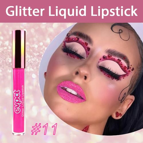 Image of evpct 1Pcs Hot Pink Glitter Metallic Shimmer Diamond Lipstick Lip Gloss for Women Long Lasting Waterproof, Light Bright Rose Pink Sparkle Glitter Matte Liquid Lipstick Lip Makeup Kit, 11#