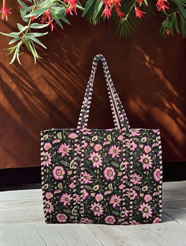 Image of Cotton Tiger Block Print Tote Bag, Indian Handmade Shopping Shoulder Bag, Unisex Market Daily Use
