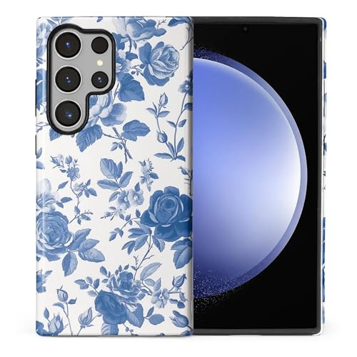 Wqwaxxc Compatible with Samsung Galaxy S24 Ultra Case,Glossy 2-in-1 Sleek All-Inclusive Dual-Layer Material Soft TPU + PC Back for Rose Fame Blue White Rose Floral