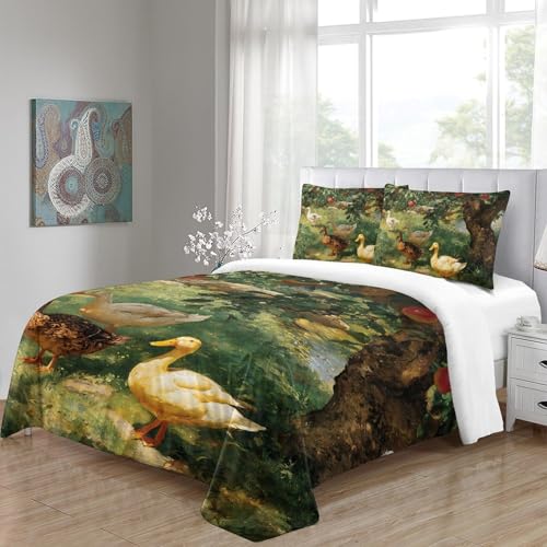 Houssette canards 220x240 parure lit microfibre rétro avec 2 taies