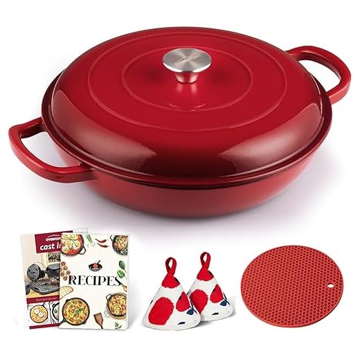 Overmont Cacerola Redonda de Hierro Fundido Esmaltado,con Tapa y Asas,Olla Antiadherente Poco Profunda,para Cocinar en Horno Plancha Cocina de Inducción,para Guisar, Paella,31cm,3.5L,Rosa