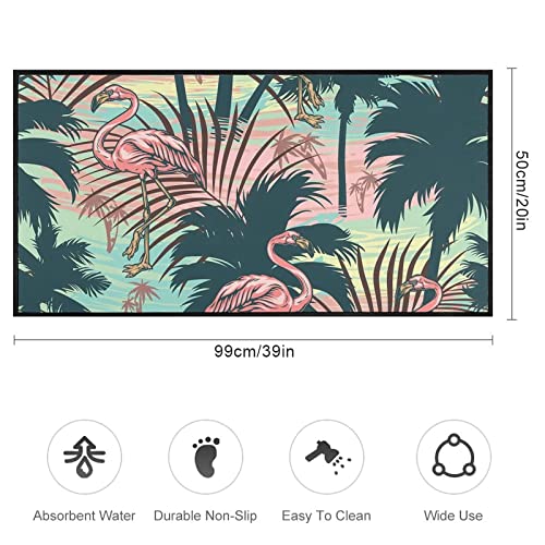 Vintage Pink Flamingo Kitchen Rugs Tropical Palm Trees Bath Mat Non Skid Washable Standing Floor Mat Runner Carpet For Bathroom Home Office Farmhouse Hallway Sink Stove Laundry 39*20 Inch #TOP3