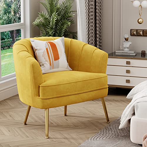 Image of Andeworld Velvet Accent Chair, Barrel Armchair, Yellow | Velvet Upholstery, Golden Metal Legs, Comfy Barrel Back, Modern Style, Living Room Bedroom Office