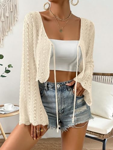 Image of Verdusa Women's Tie Front Crop Cardigan Bell Long Sleeve Scalloped Lightweight Knit Tops Summer Beach Cover Up