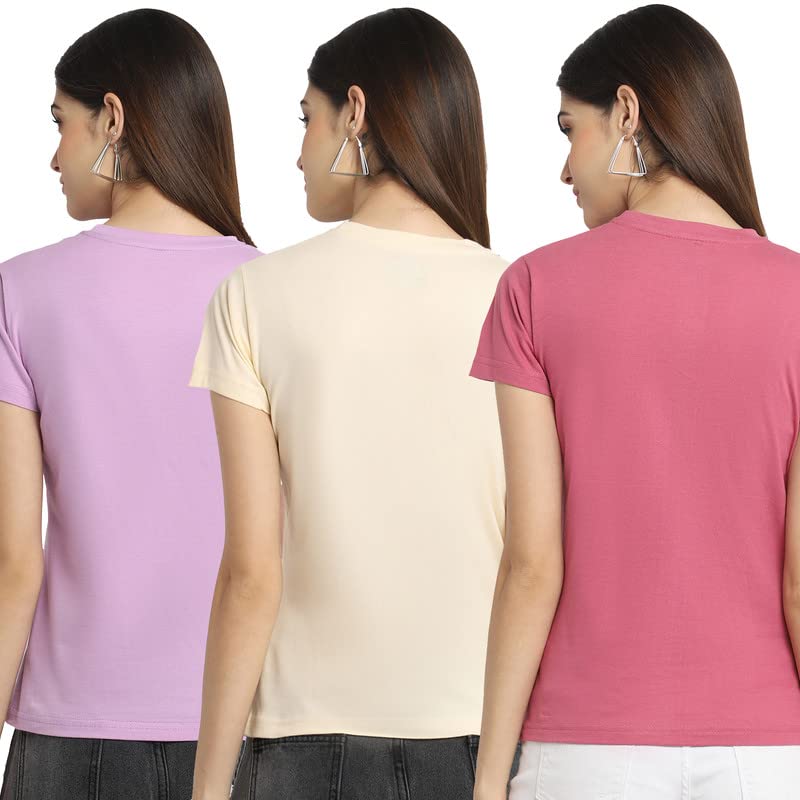 Image of Preneum Women's Cotton Regular Fit Graphic Stylish Printed Short Sleeves Casual T-Shirt || Trendy (Pack 3), Purple & Cream & Pink, M