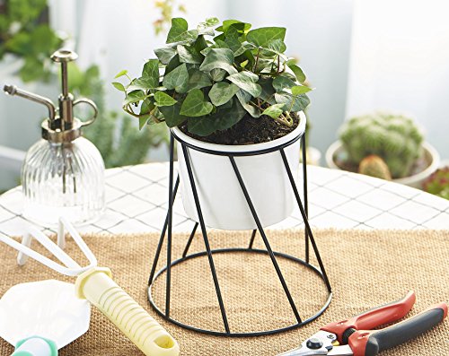 Planter Pot Indoor, Flowerplus 4.33 Inch White Ceramic Medium Succulent Cactus Flower Plant Round Bowl with Metal Stand Holder and Plants Sign for Indoors Outdoor Home Garden Kitchen Decor (Black)