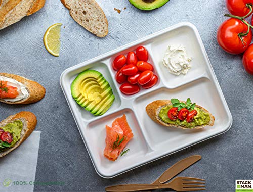 100% Compostable, 5 Compartment, Disposable Paper Plates [125-Pack] - {Pfas Free} - {Bpa Certified} - [9 Inch] Heavy Duty Biodegradable Bagasse Sectional Lunch Trays + Dividers - Divided Platter Tray #TOP2