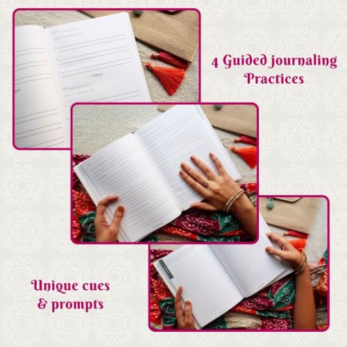 Image of Rakhi Gift Set for sisters- 5-in-1 Guided Journal Diary, Indian Lace Gift Packaging, Money Envelope & Personal Message Bookmark Card for sisters