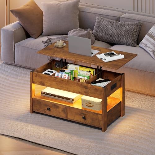 Image of WLIVE Lift Top Coffee Table with LED and 2 Drawers, Brown