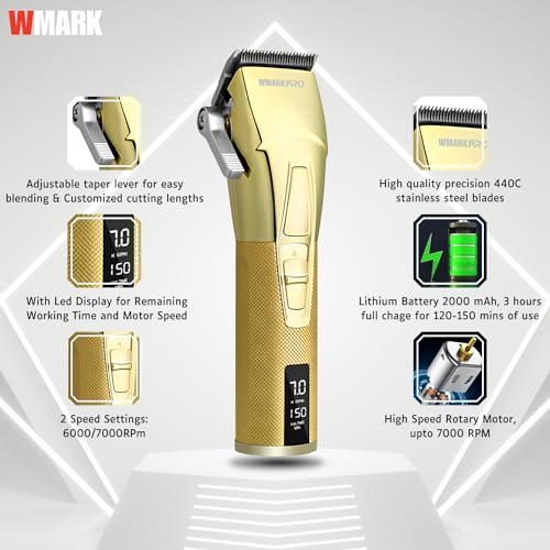 Image of WMARK NG-2036 Professional Zero Gapped Hair Clipper Self Sharpening Blade 6000 /7000 RPM 2 Speed Magnetic Motor Charging Adapter 8 Guide Comb Taper Lever Adjustment Runtime 120-150 min 2000 mAh, Gold