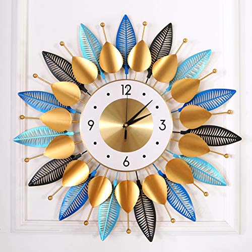 KINBEDY Luxury Crystal Bohemian Style Metal Modern Wall Clock with Silent Movement 9.5” Dial Large Sunburst Big Fancy Decorative Clock for Living Room, Bedroom, Office Space. (Mixed Leaves)